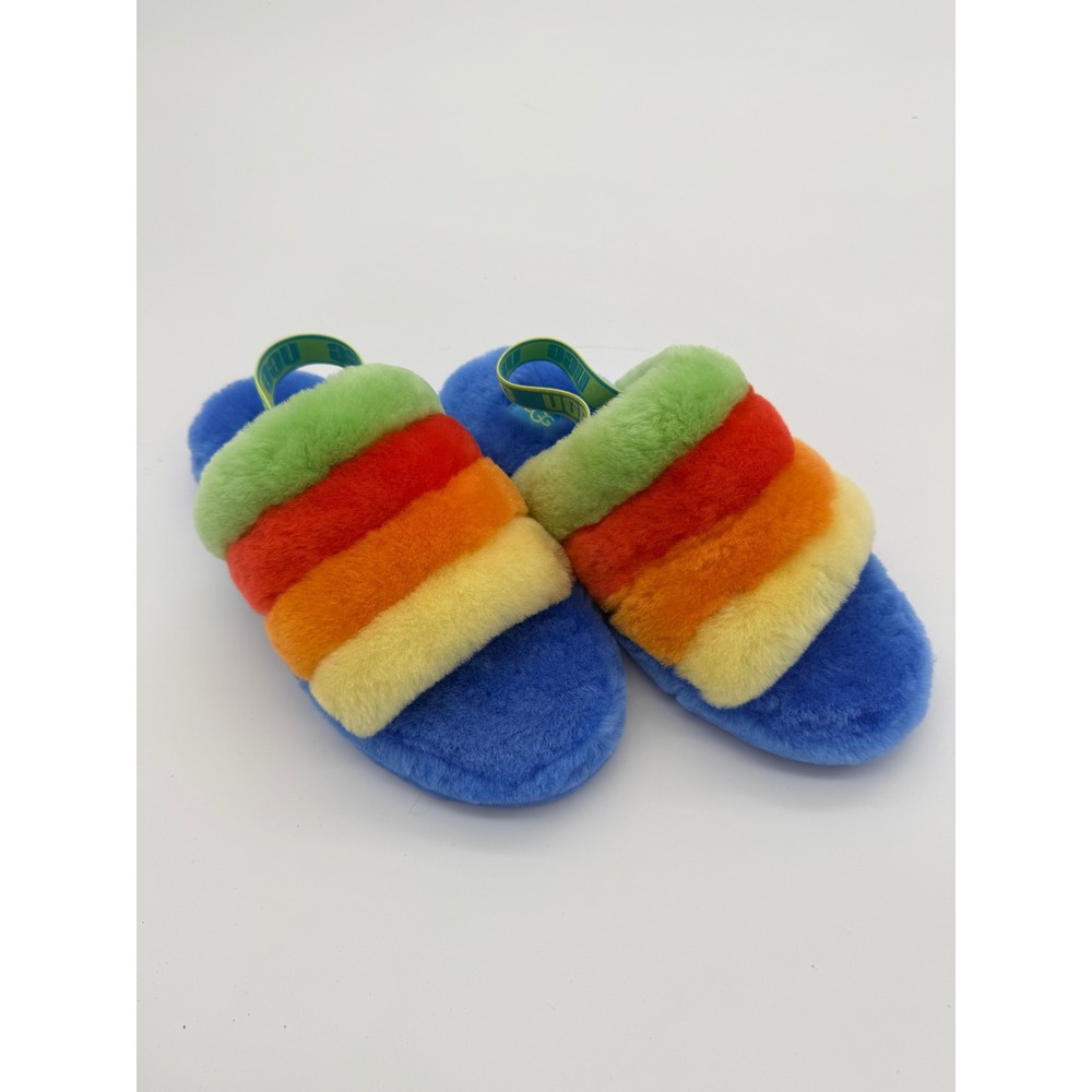UGG Fluff Yeah Kids Rainbow Stripe Blue Faux Fur Slingback Summer Slides  Size 6
